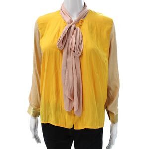 Claramonte Women Basic Viscose High Neck Long Sleeve Yellow Blouse Size S